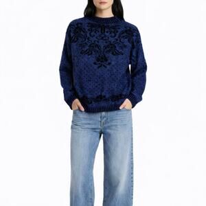 Adele Knitwear 1980s Vintage Sweater Blue Damask Sparkly Knit Sweater Medium